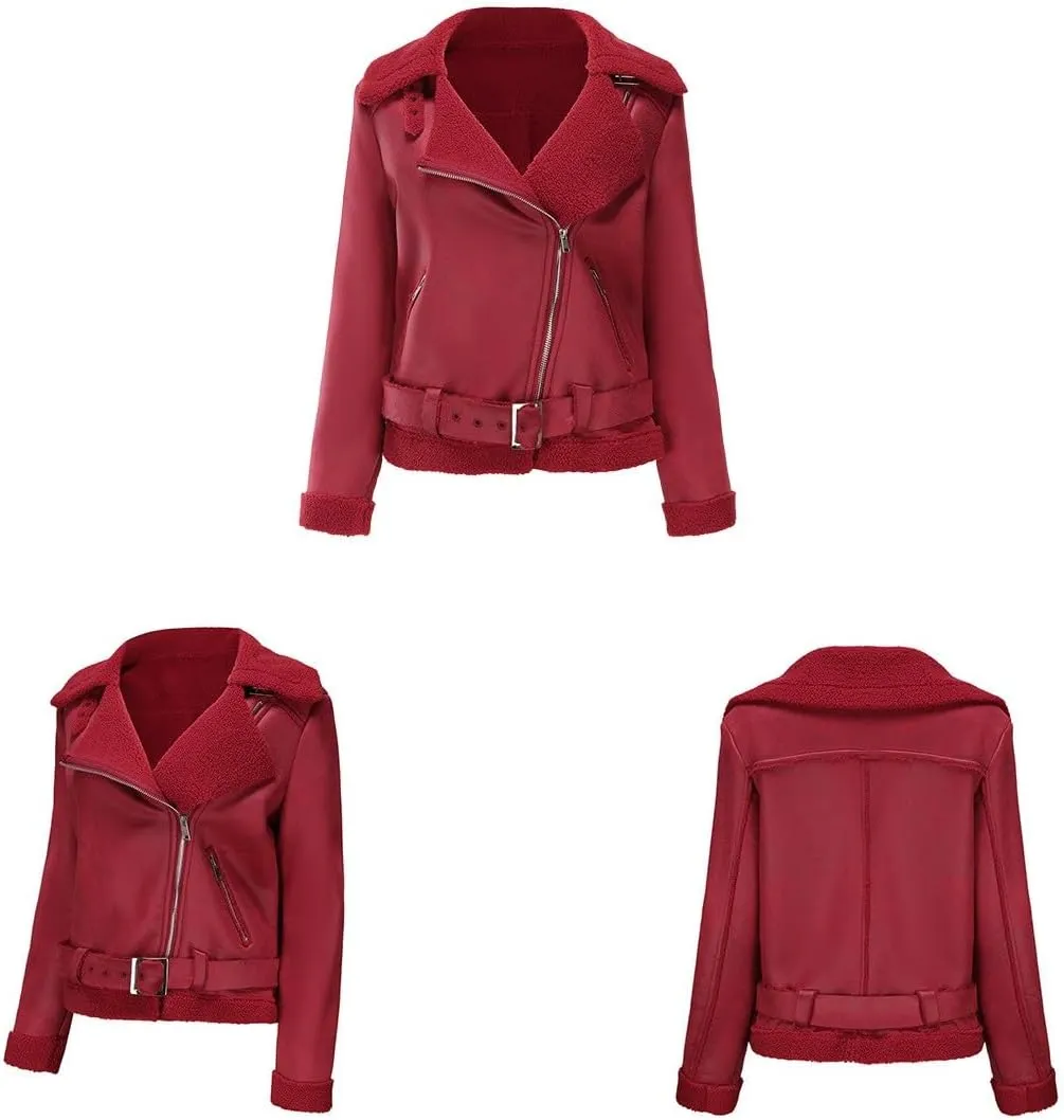 Womens Suede Faux Shearling Moto Bomber Jacket Sherpa Lined Lapel Coat Winter Faux Leather Coat Outerwear Overcoat