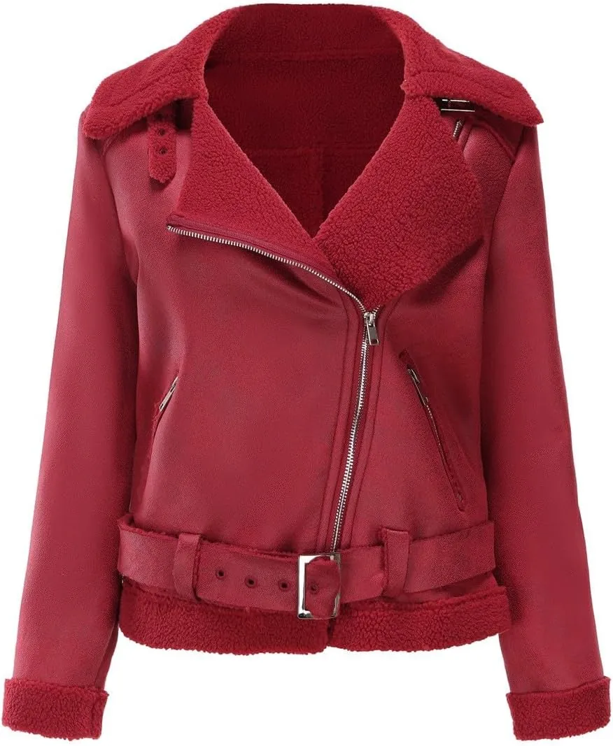 Womens Suede Faux Shearling Moto Bomber Jacket Sherpa Lined Lapel Coat Winter Faux Leather Coat Outerwear Overcoat