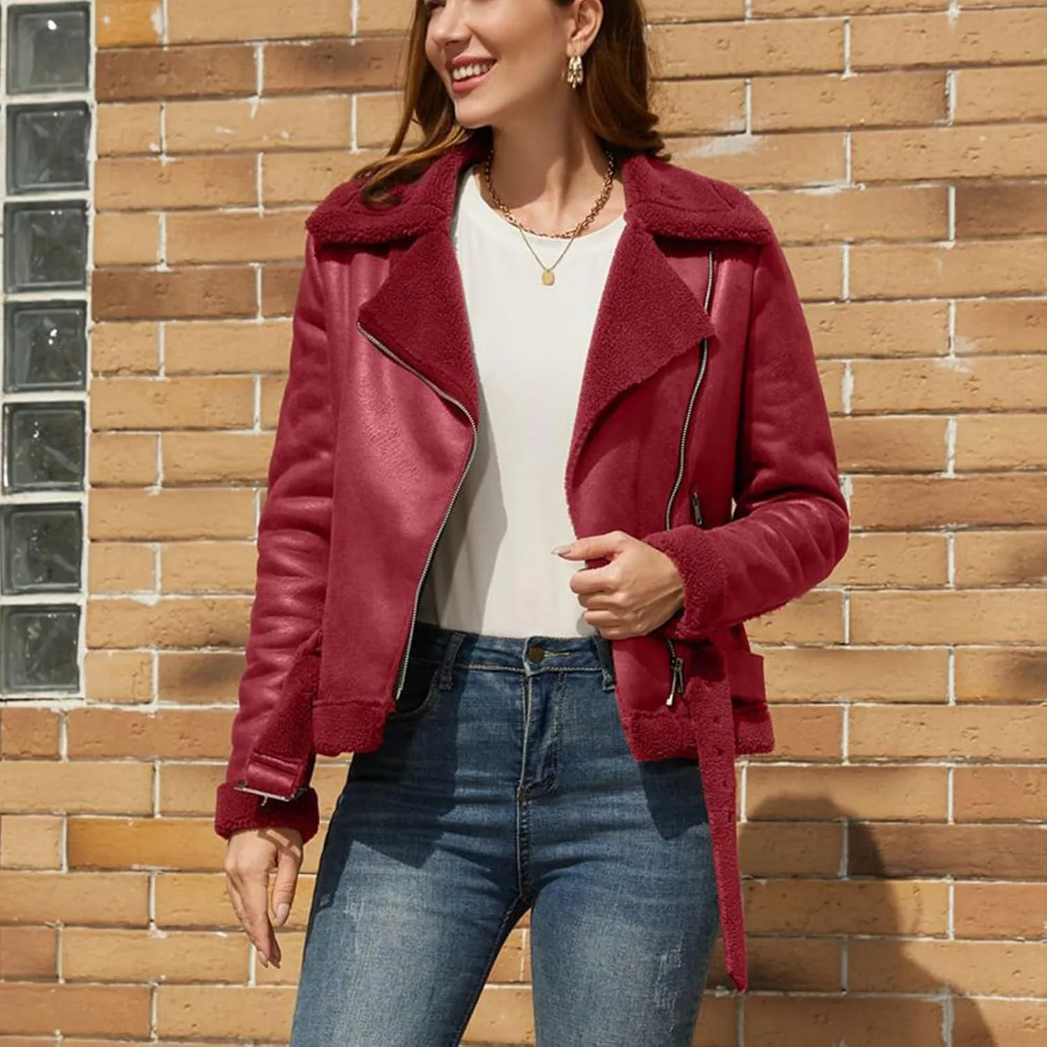 Womens Suede Faux Shearling Moto Bomber Jacket Sherpa Lined Lapel Coat Winter Faux Leather Coat Outerwear Overcoat