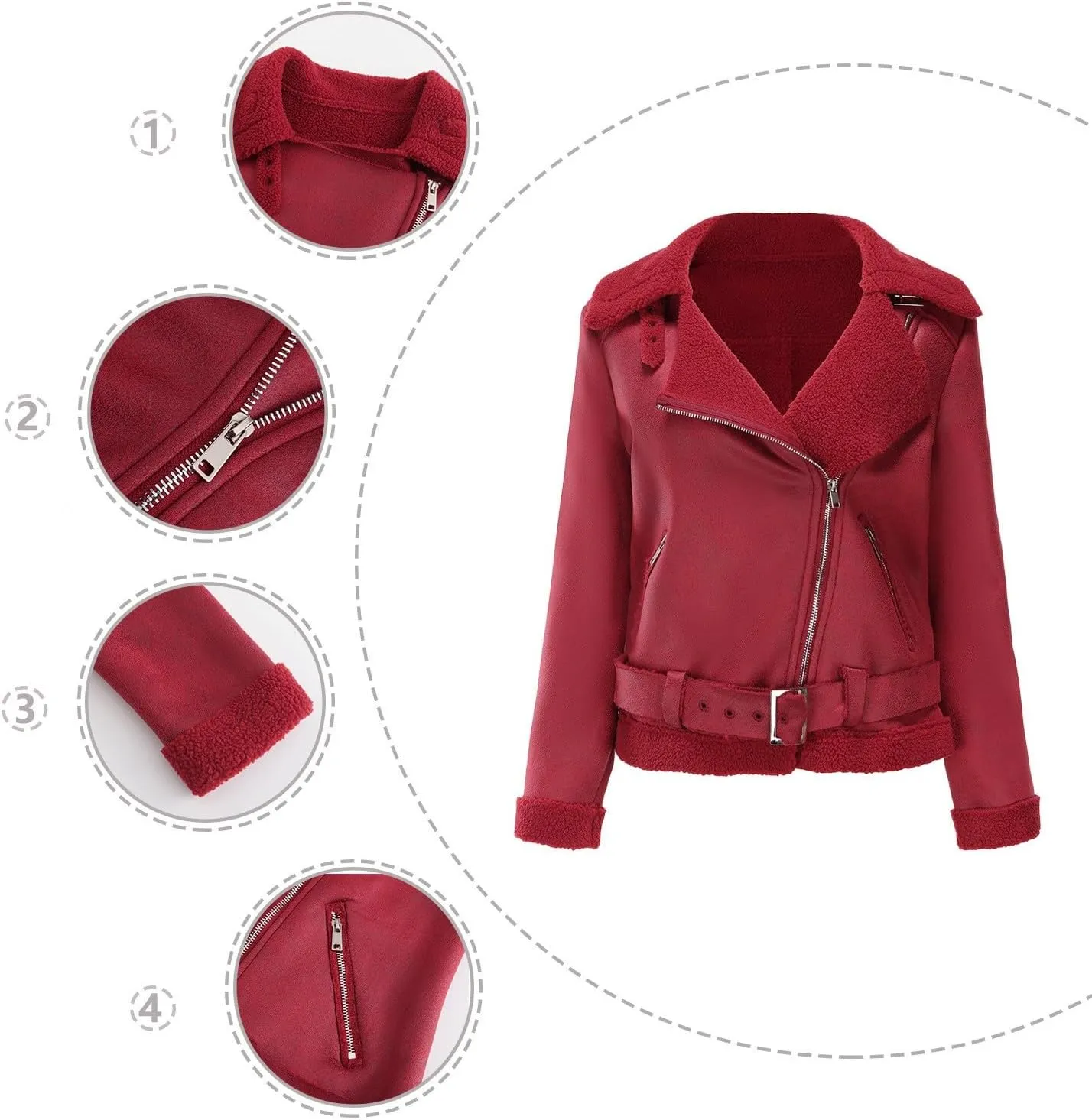 Womens Suede Faux Shearling Moto Bomber Jacket Sherpa Lined Lapel Coat Winter Faux Leather Coat Outerwear Overcoat